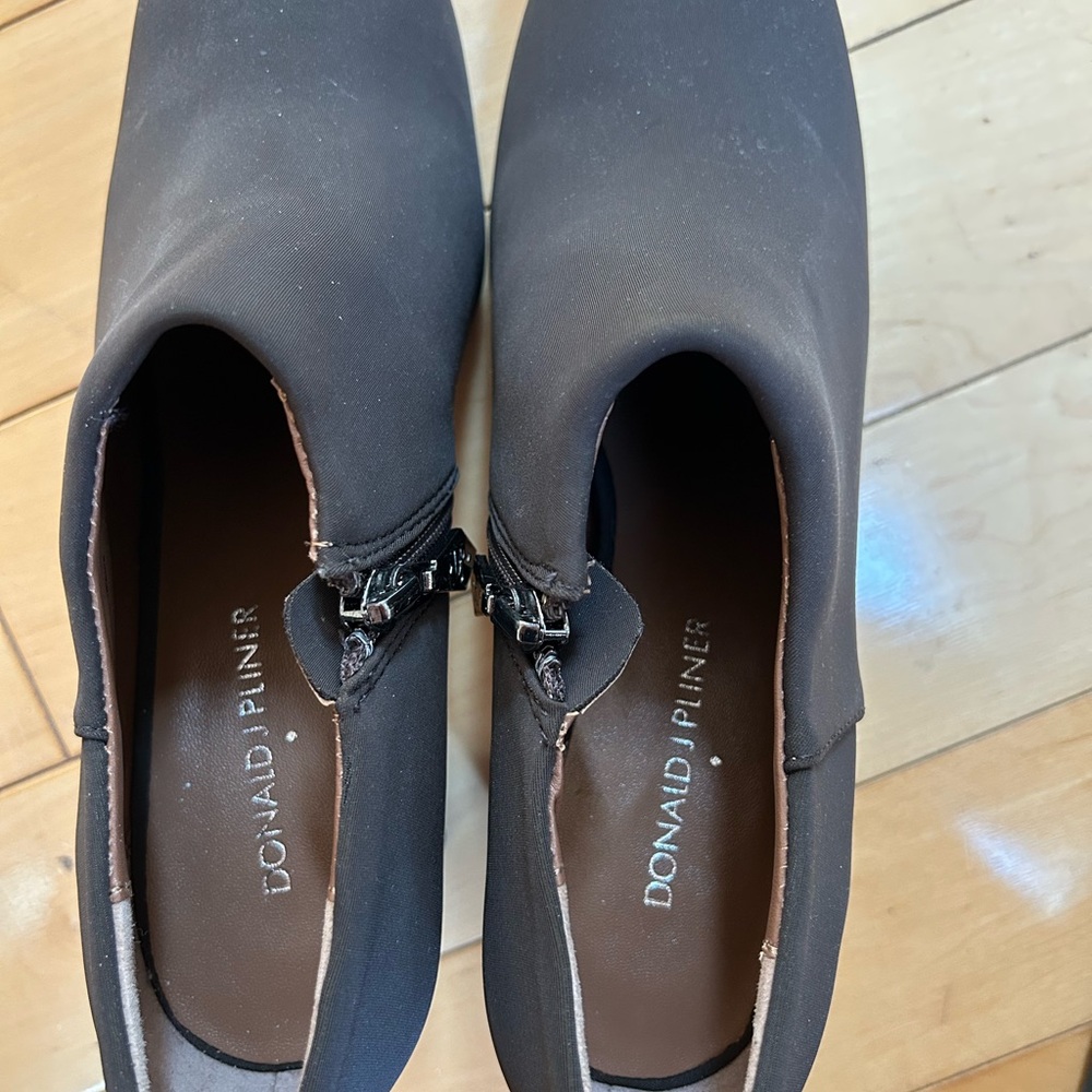 Donald Pliner Chocolate Brown Zipper Booties with Silver heel accent